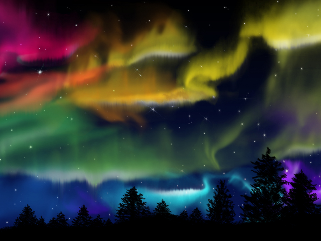 Desktop wallpaper northern lights, forest, colorful, silhouette, hd
