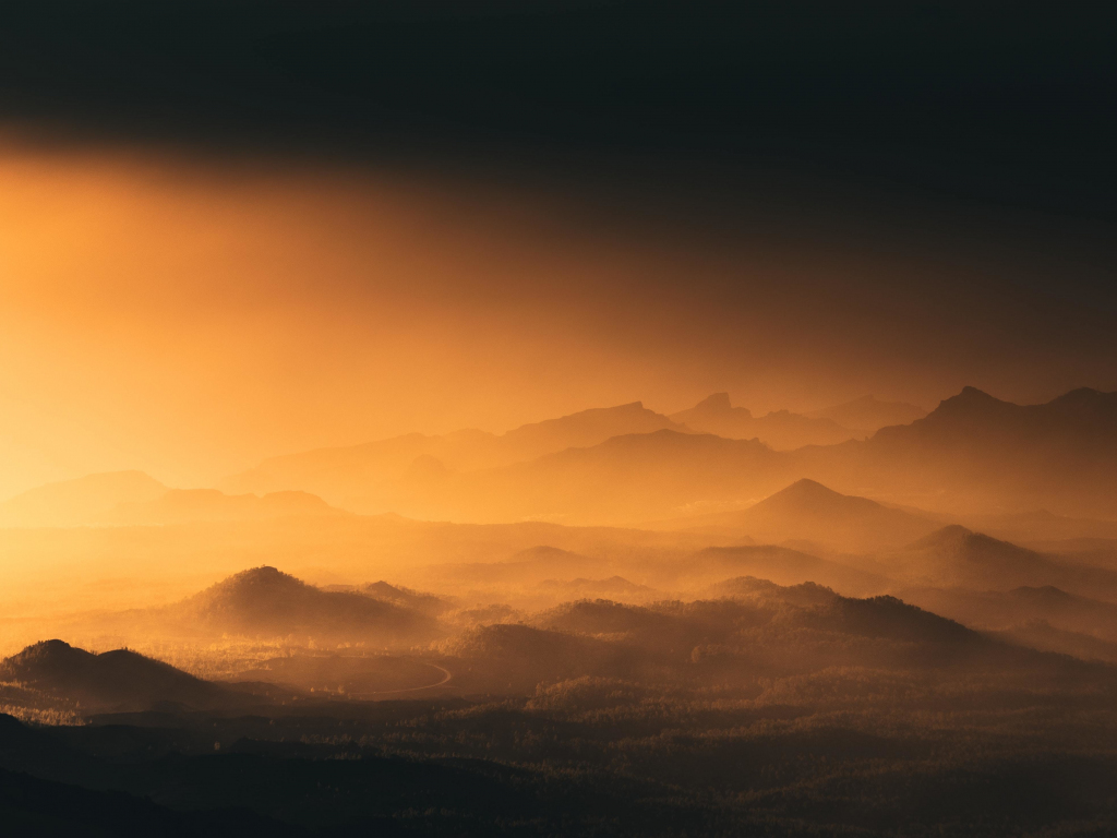 Desktop wallpaper mist, horizon, nature, mountains, orange sky, hd
