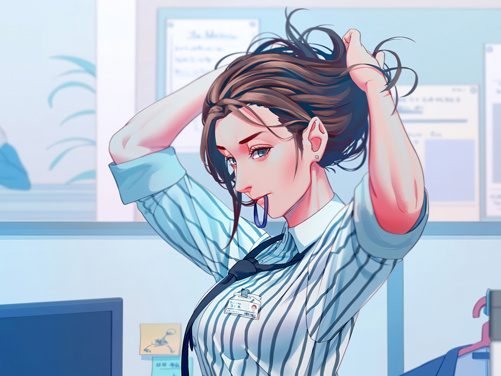 Desktop wallpaper office, anime girl, adjusting hairs, art ...
