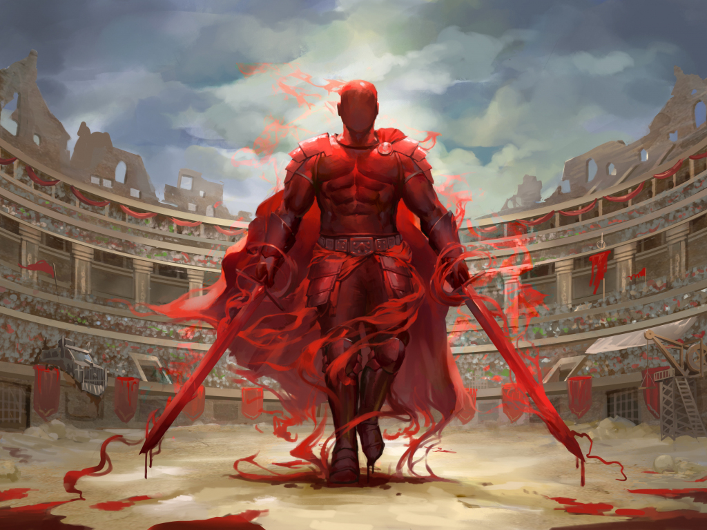 Desktop wallpaper red knight, fighter, colosseum, fantasy