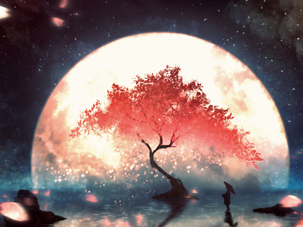 Desktop Wallpaper Red Tree Moon Light Fantasy Hd Image Picture