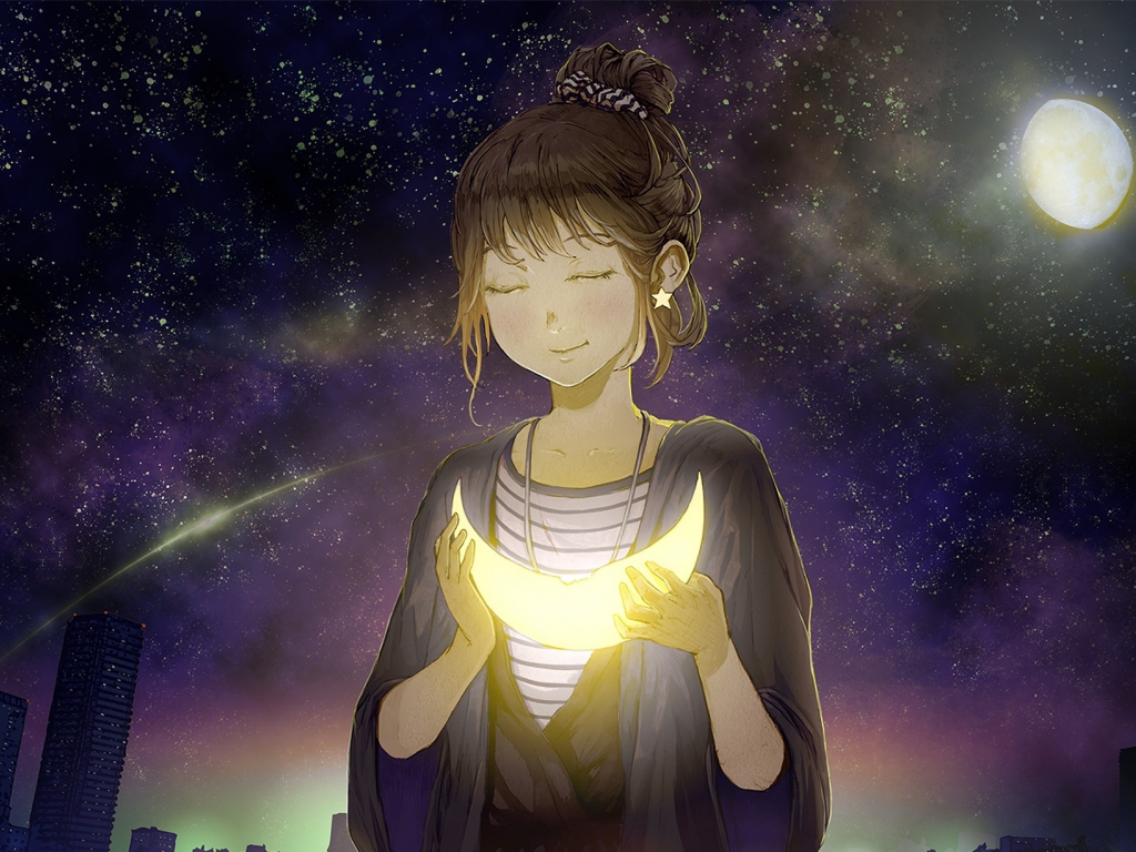 Wallpaper cute, anime girl with moon, night out, wish, art desktop wallpaper,  hd image, picture, background, a33fcf | wallpapersmug