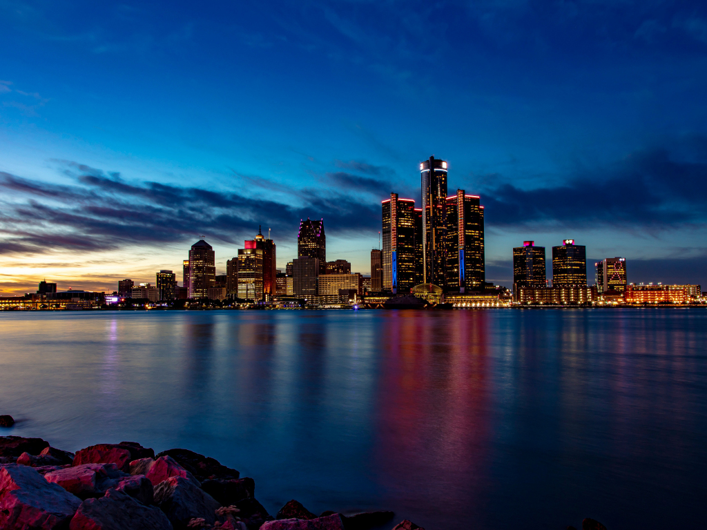 Desktop wallpaper detroit, city, buildings, cityscape, sunset, hd image