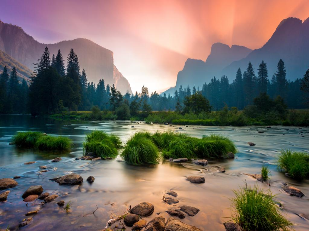 Desktop wallpaper sunrise, yosemite national park, stream, mountains