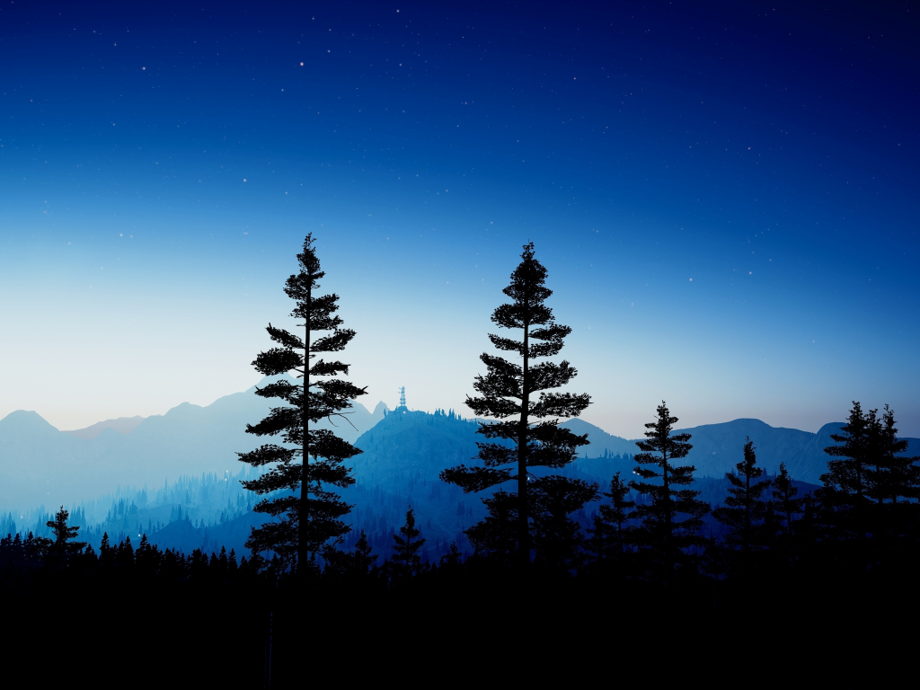 Wallpaper night, trees and mountains, horizon, far cry, video game