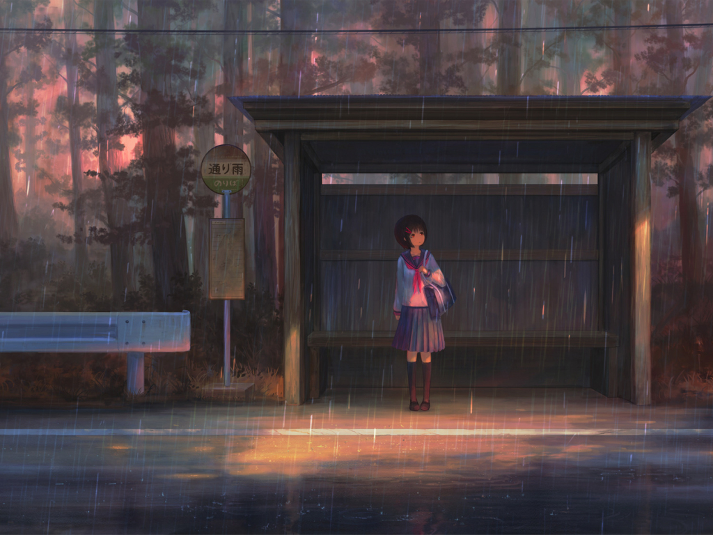 School girl, waiting for bus, rain, outdoor, 1024x768 wallpaper