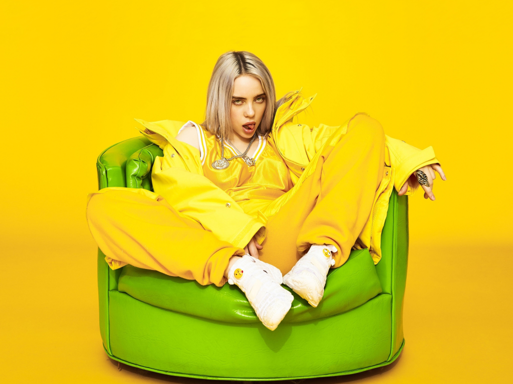 Desktop wallpaper billie eilish, pretty singer, yellow outfit, 2020, hd