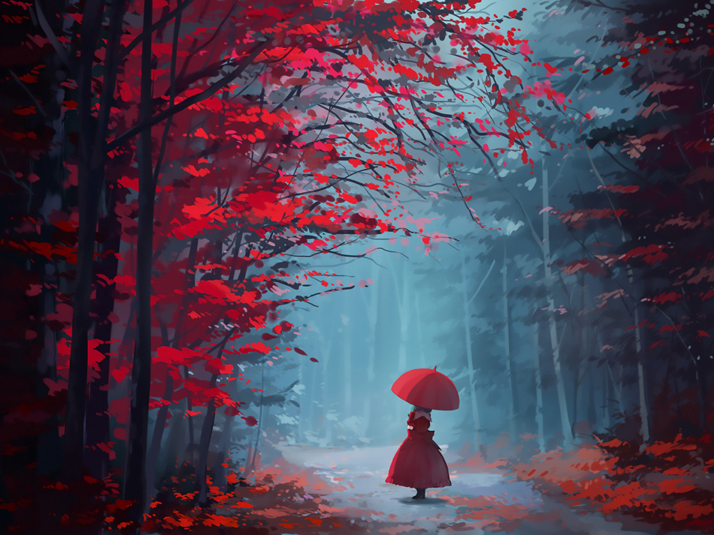 Desktop wallpaper touhou, autumn, tree, forest, girl, hd
