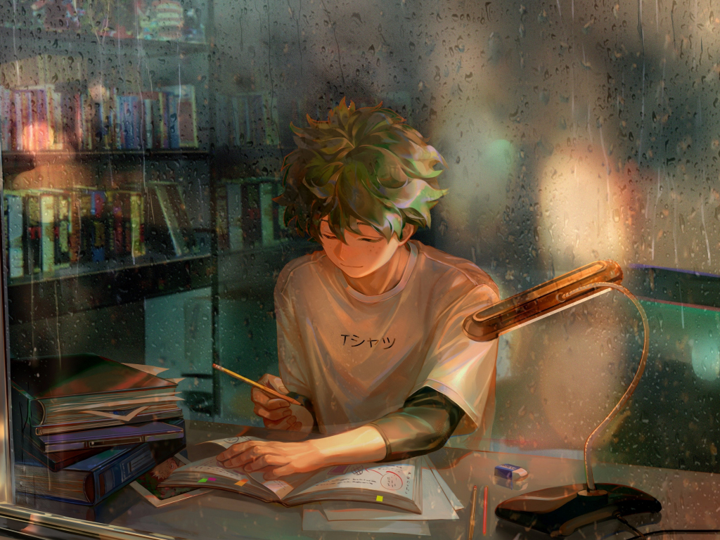 anime person doing homework