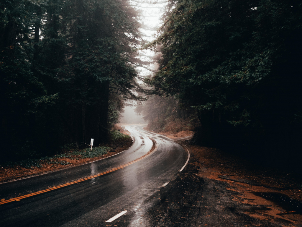 Highway turn, road, rainy, water on road, 1024x768 wallpaper