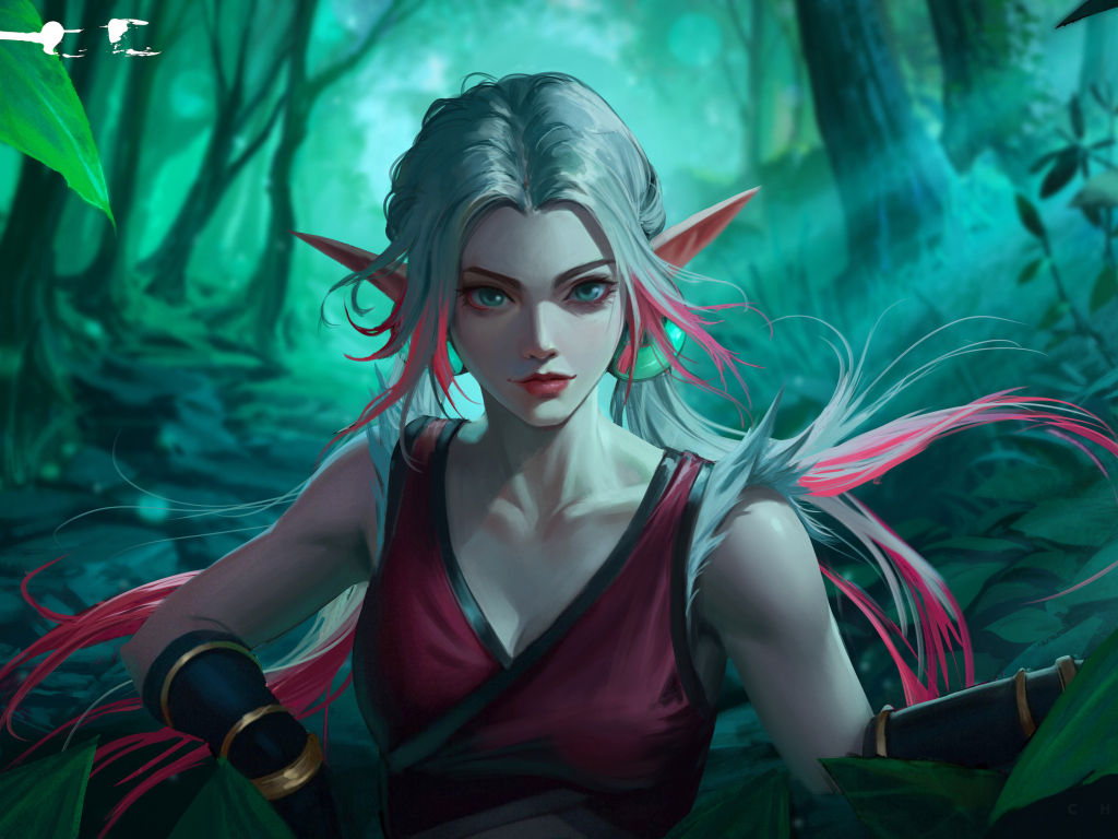 Beautiful elf girl, white-pink hair, fantasy, 1024x768 wallpaper
