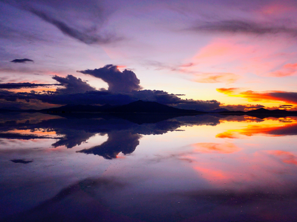 Wallpaper clouds, lake and sky, sunset, reflections, dark desktop