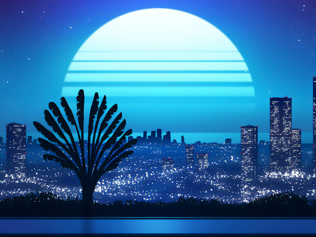 Desktop wallpaper vaporwave, illustration, cityscape, moon light