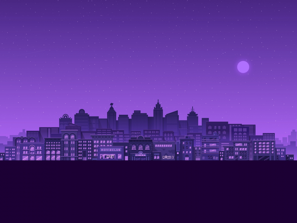 Wallpaper purple moon, stars night, buildings, cityscape, minimal ...