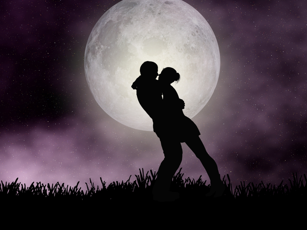 Desktop wallpaper moon, romantic night, couple, silhouette