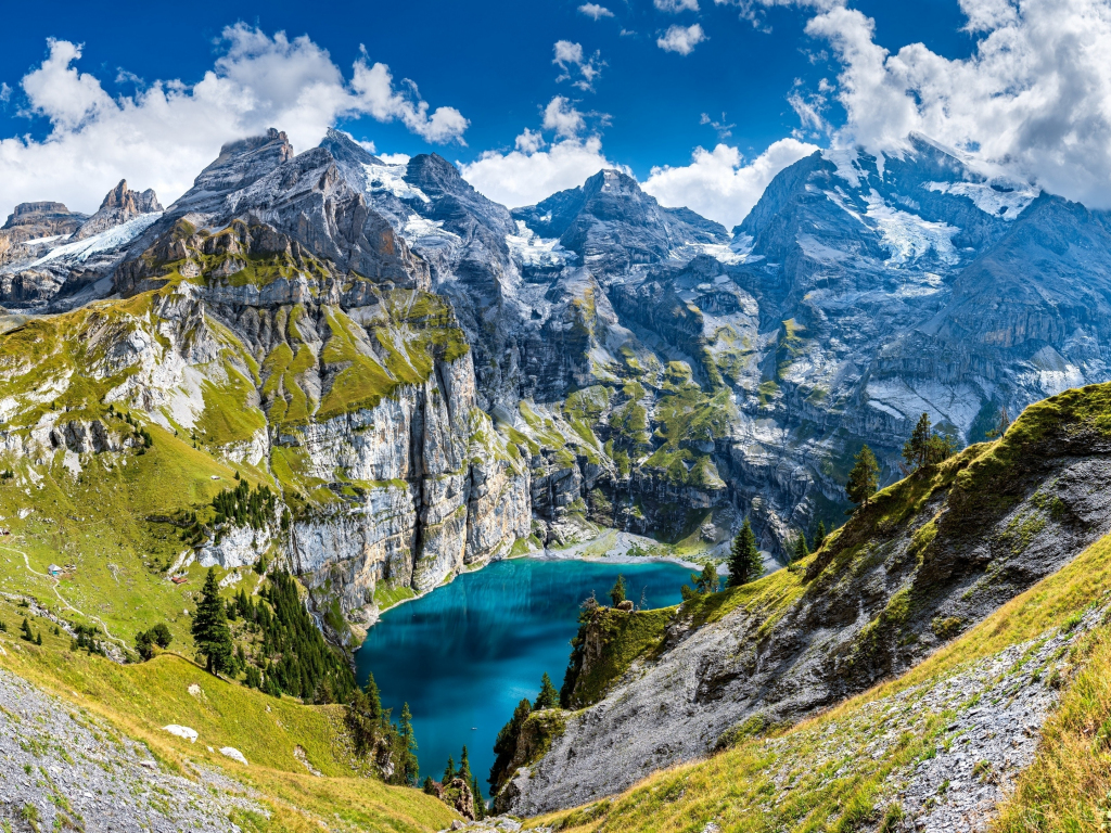 Wallpaper crater lake of swiss, mountains, sunny day, nature desktop ...