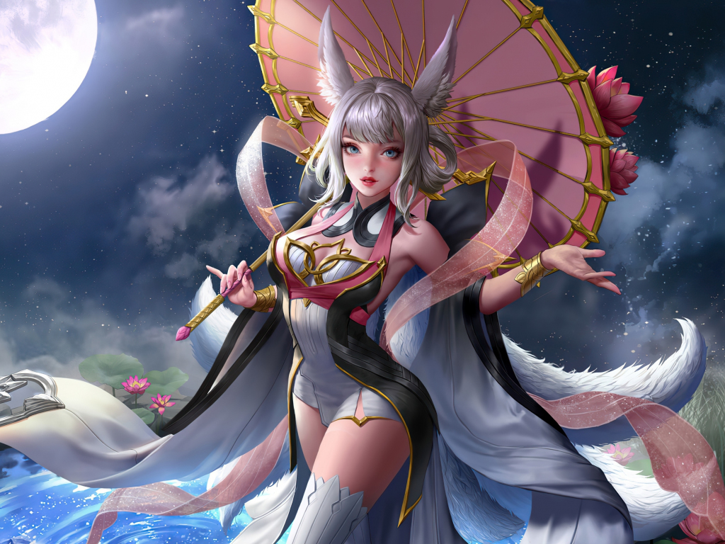 Anime elf girl with umbrella, moon light,  fantasy, 1024x768 wallpaper