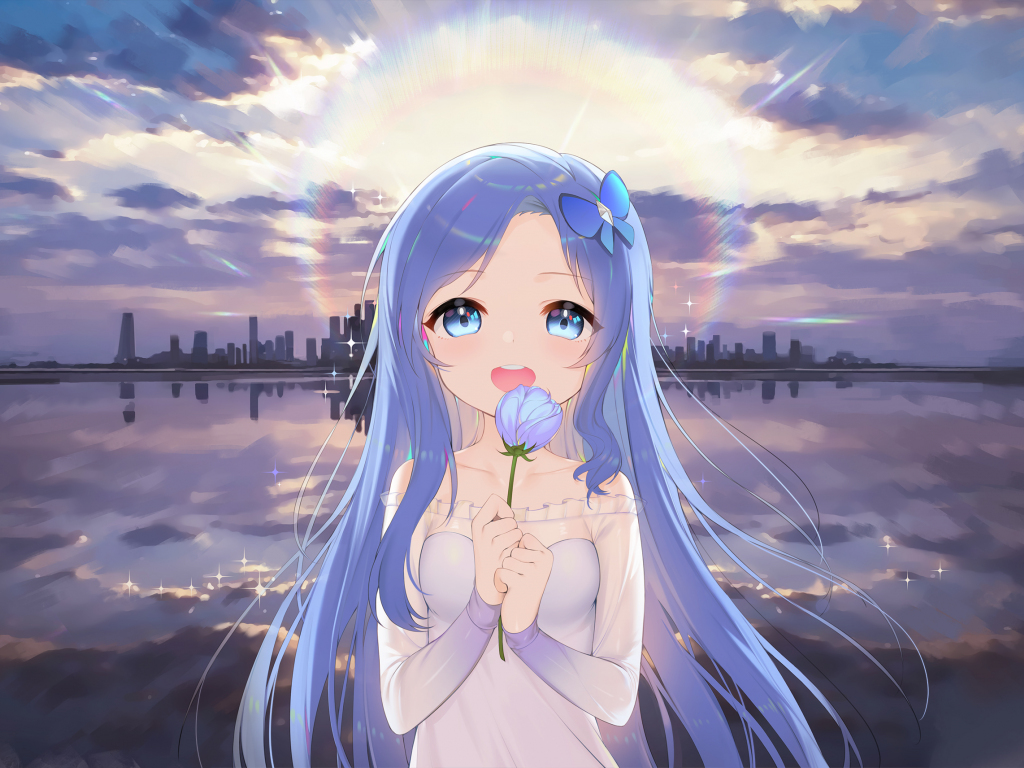 Desktop wallpaper cute, anime girl, long hair blue, smile, hd image