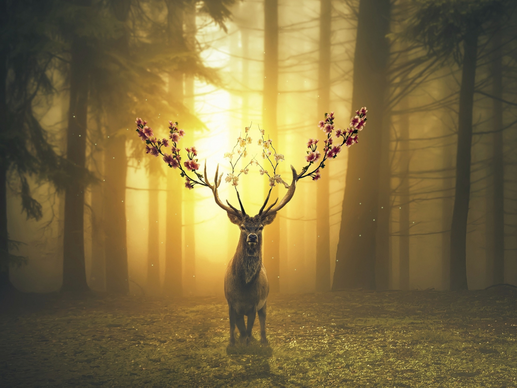 Desktop wallpaper deer, forest, surreal, hd image, picture, background