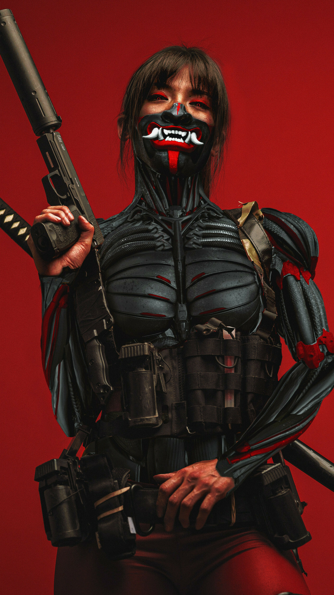 Cyberpunk ninja, with katana & gun, art, 1080x1920 wallpaper