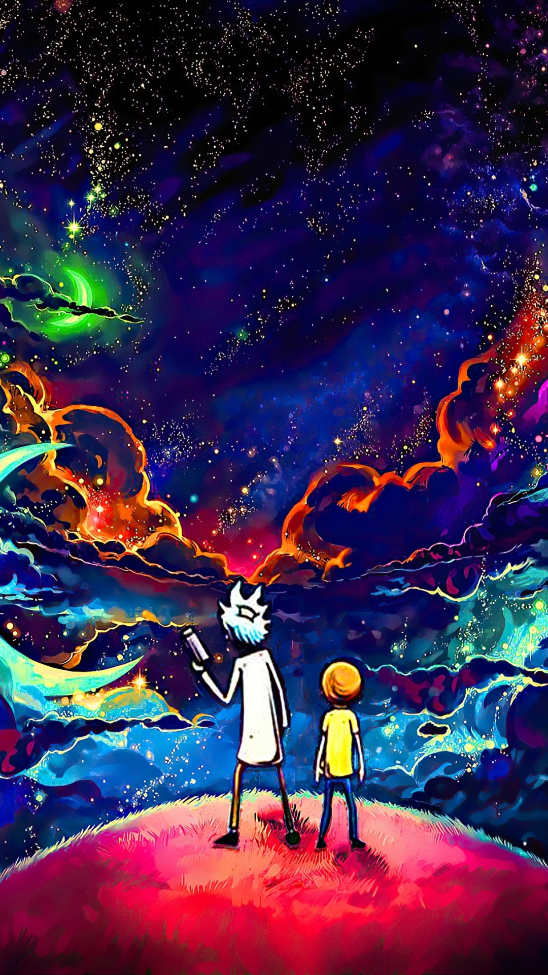Rick and Morty, orange-dark space, art, 1080x1920 wallpaper