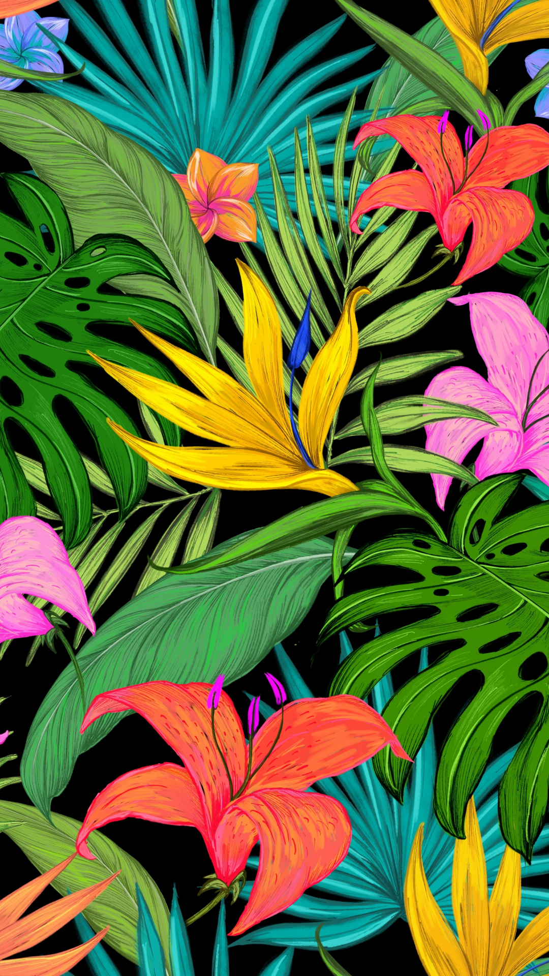 Pattern, tropical, flowers, leaves, 1080x1920 wallpaper