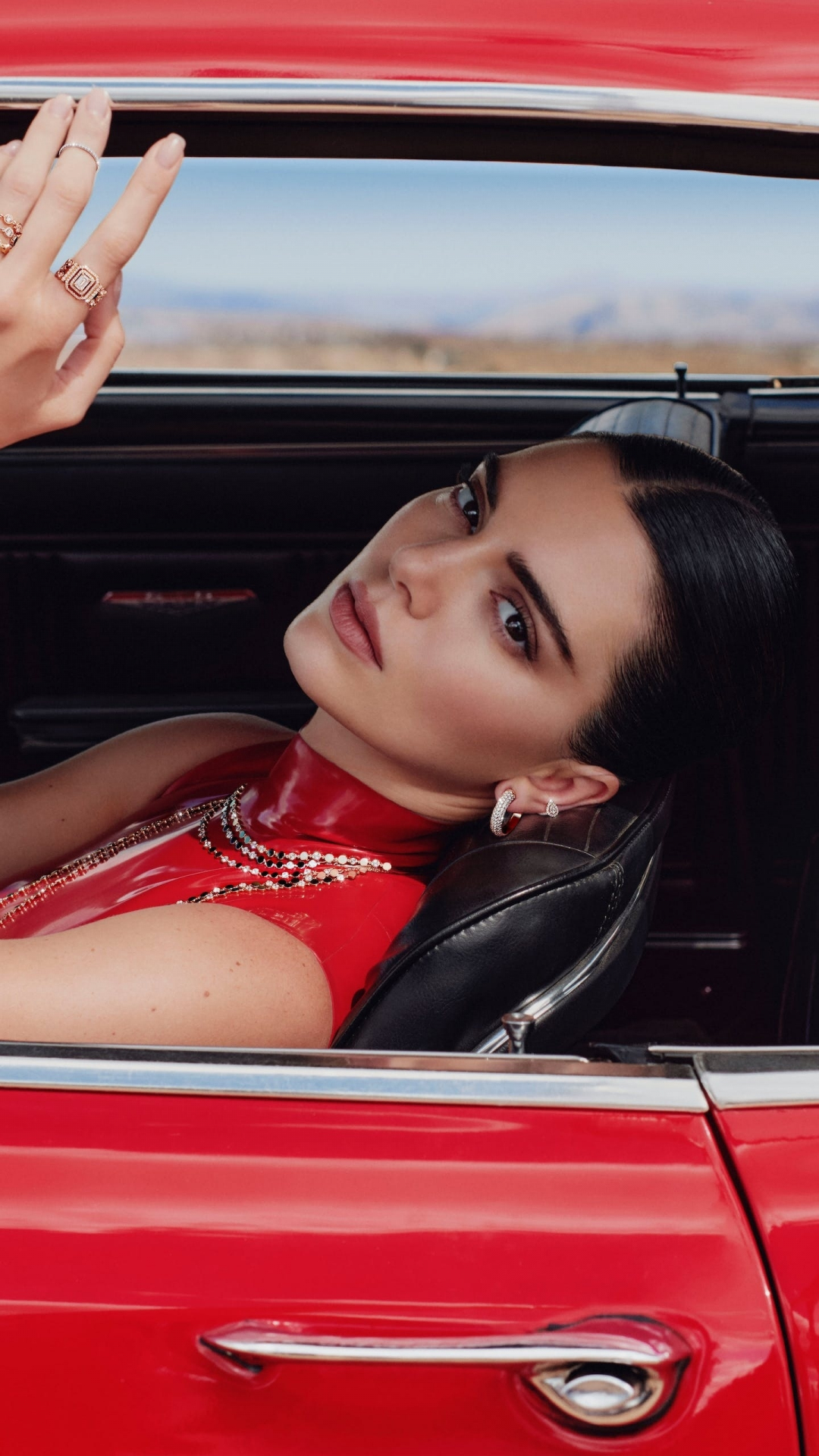 Download wallpaper 1080x1920 2023 kendall jenner, messika brand red