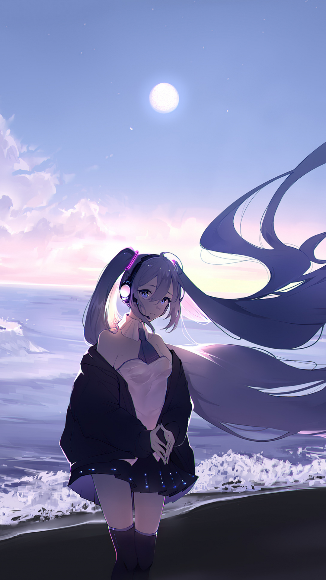 Download 1080x1920 wallpaper hatsune miku, long hairs, seashore