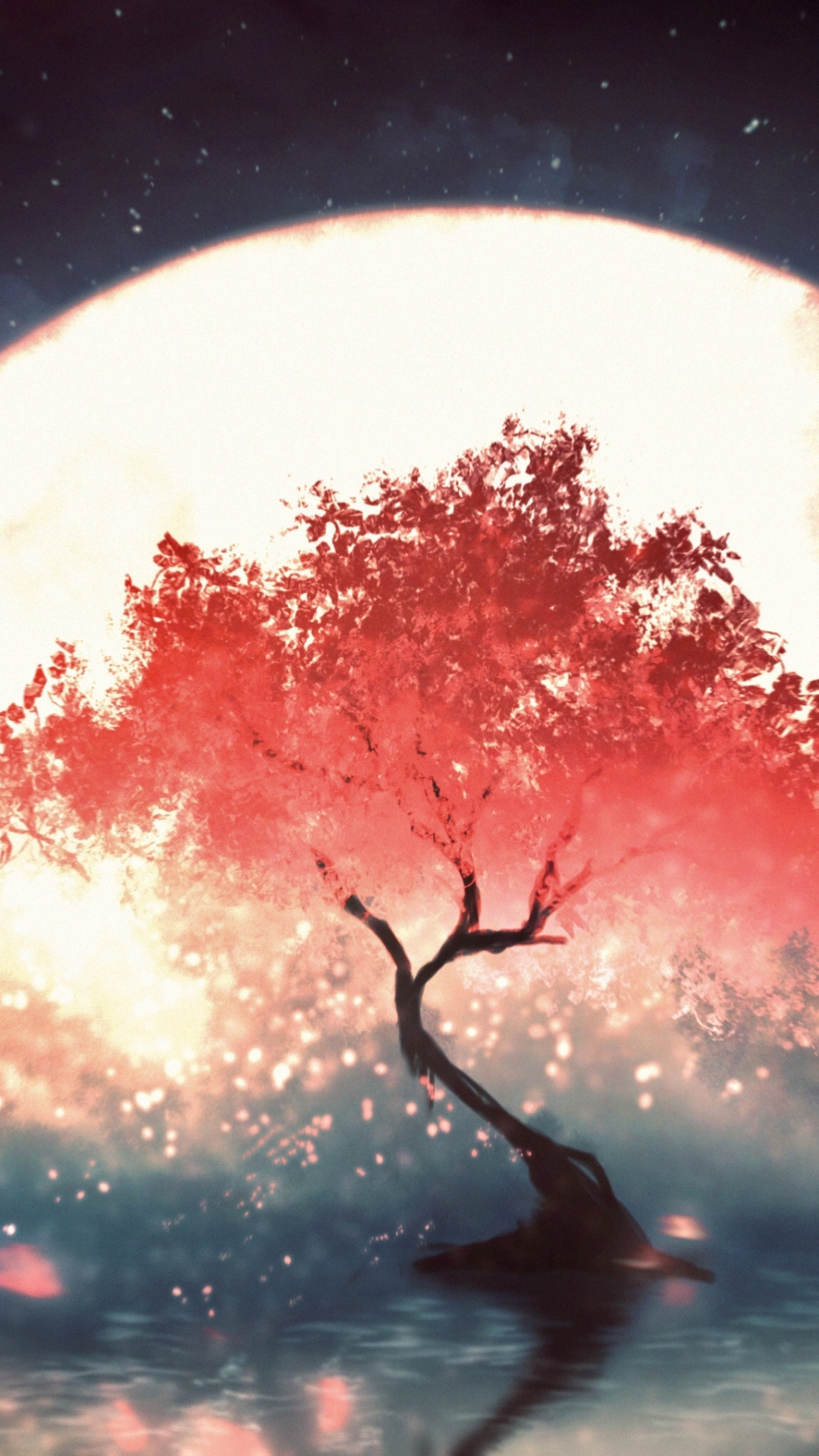 Download 1080x1920 wallpaper red tree, moon light, fantasy, samsung