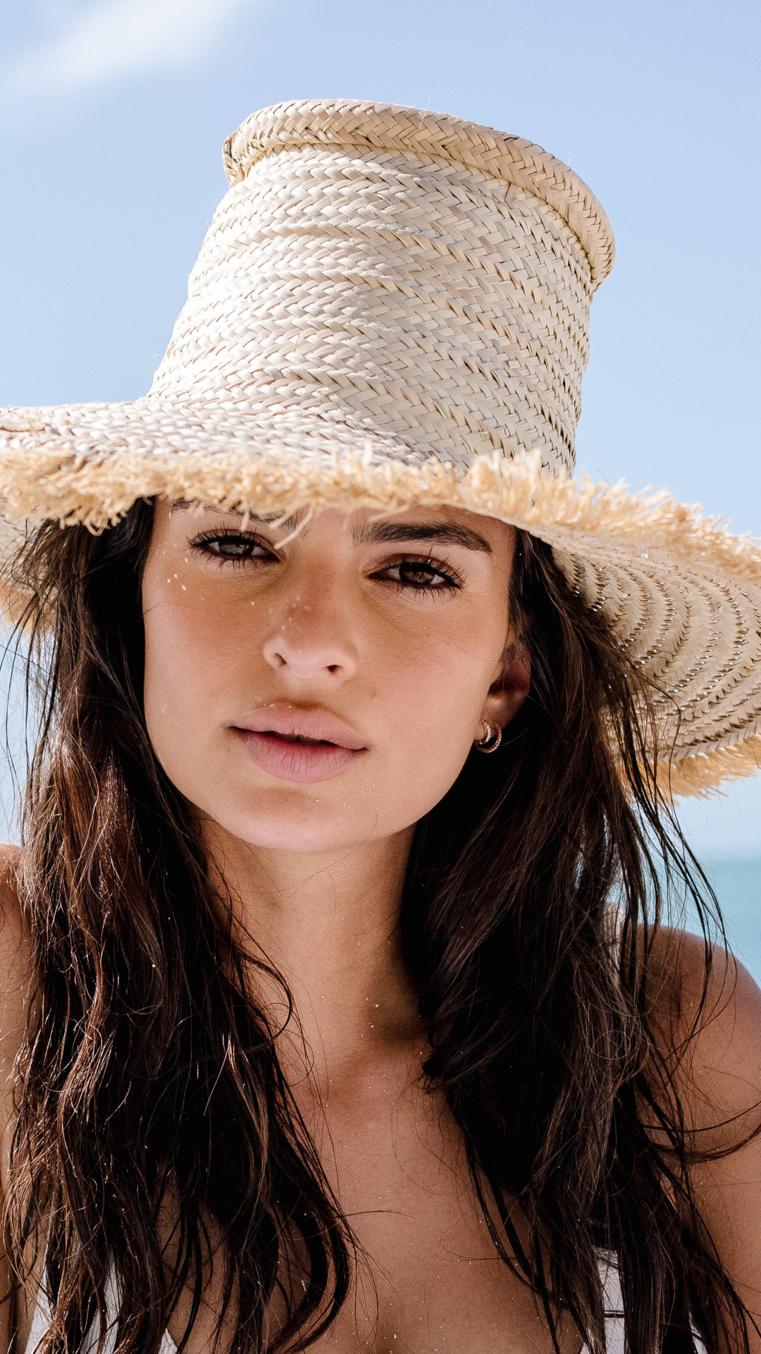 Download wallpaper 1080x1920 emily ratajkowski, straw hat, at beach ...