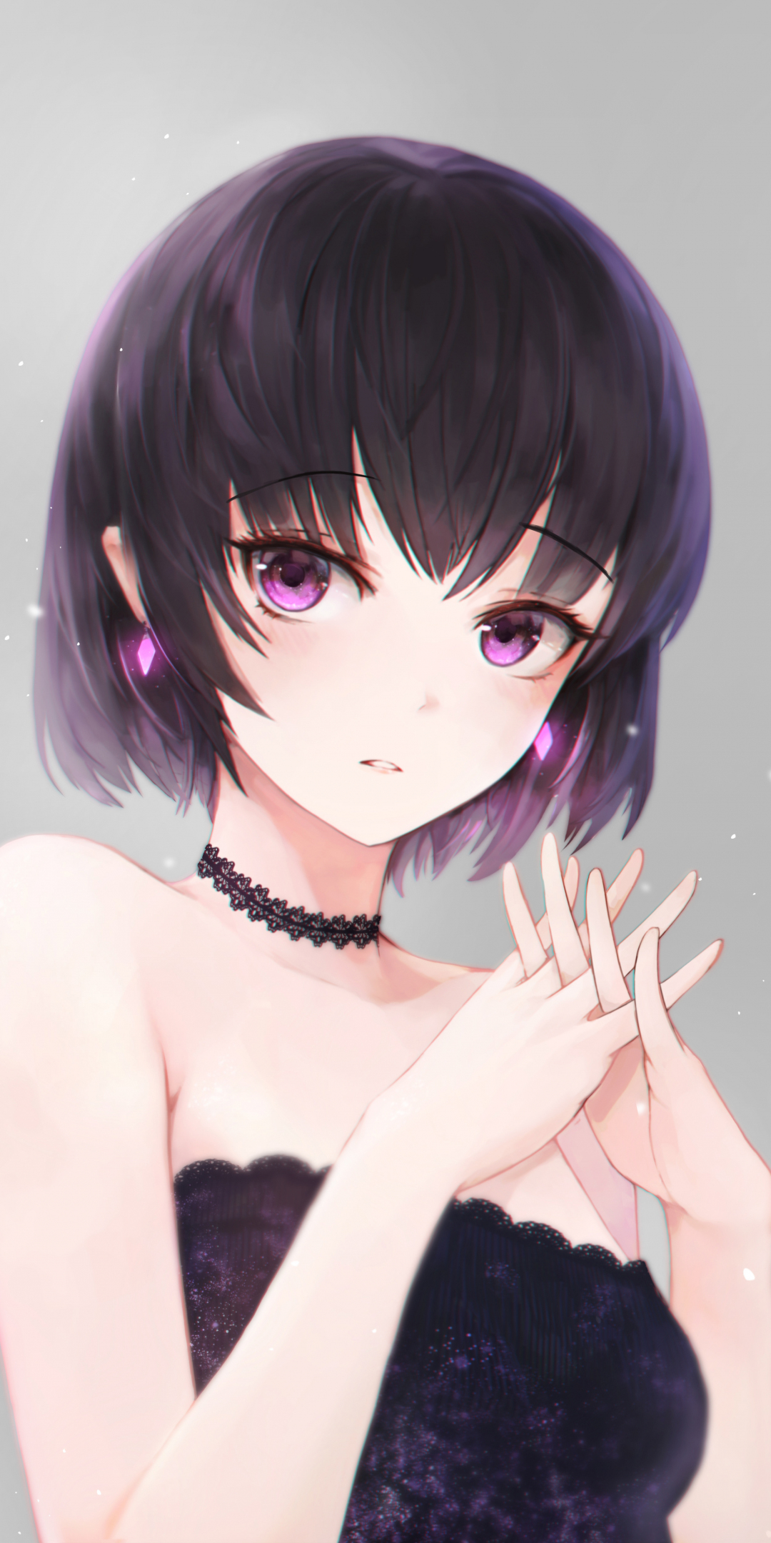 Beautiful, anime girl, bare shoulder, violet eyes, 1080x2160 wallpaper