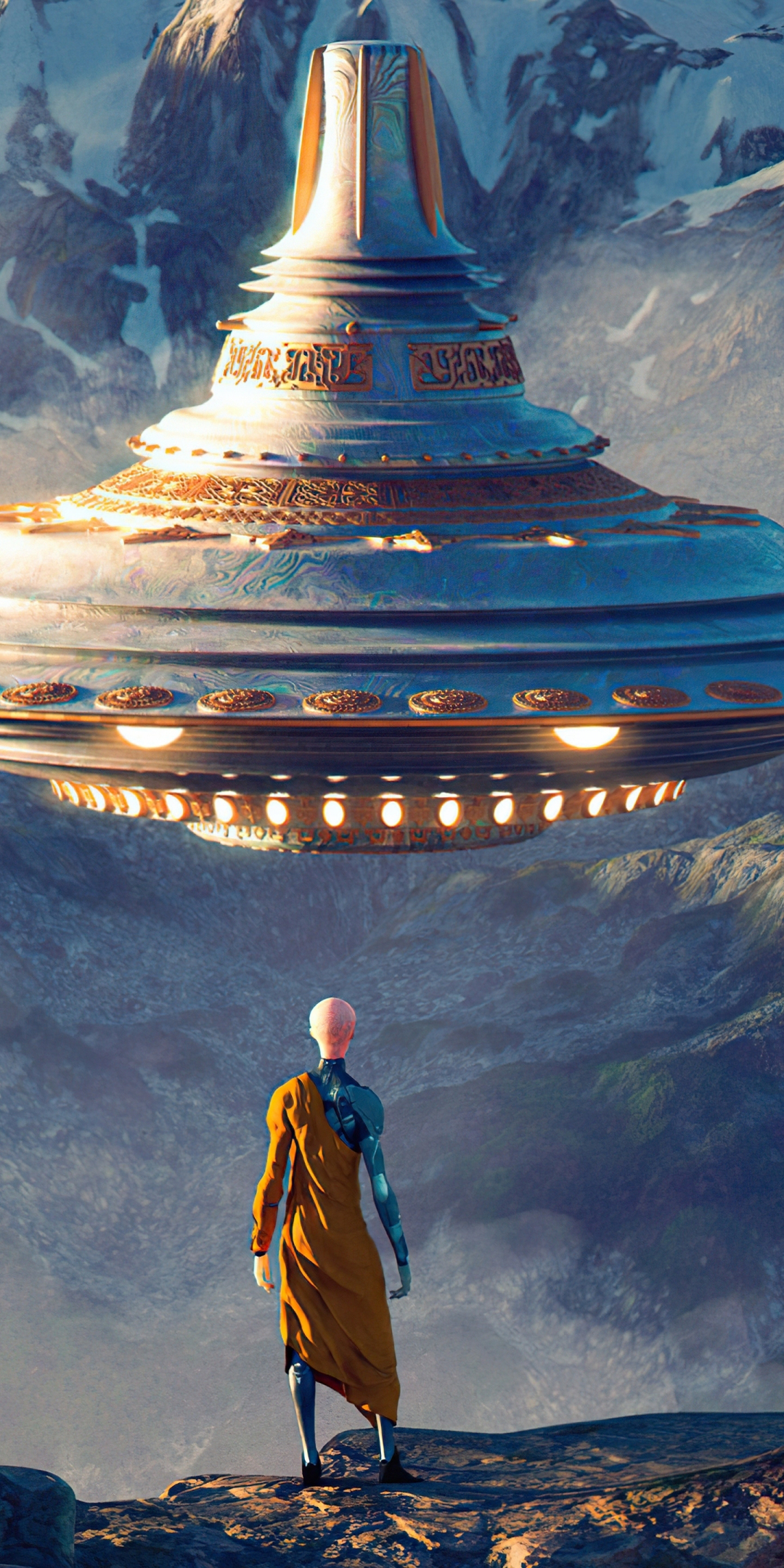 Fantasy, Sci-fi, alien ship, monk, 1080x2160 wallpaper