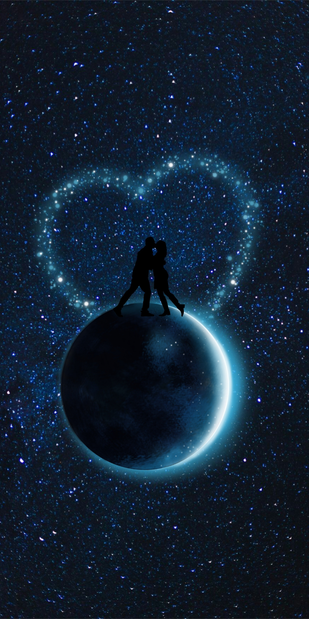 Starry sky, couple, silhouettes, love, planet, 1080x2160 wallpaper