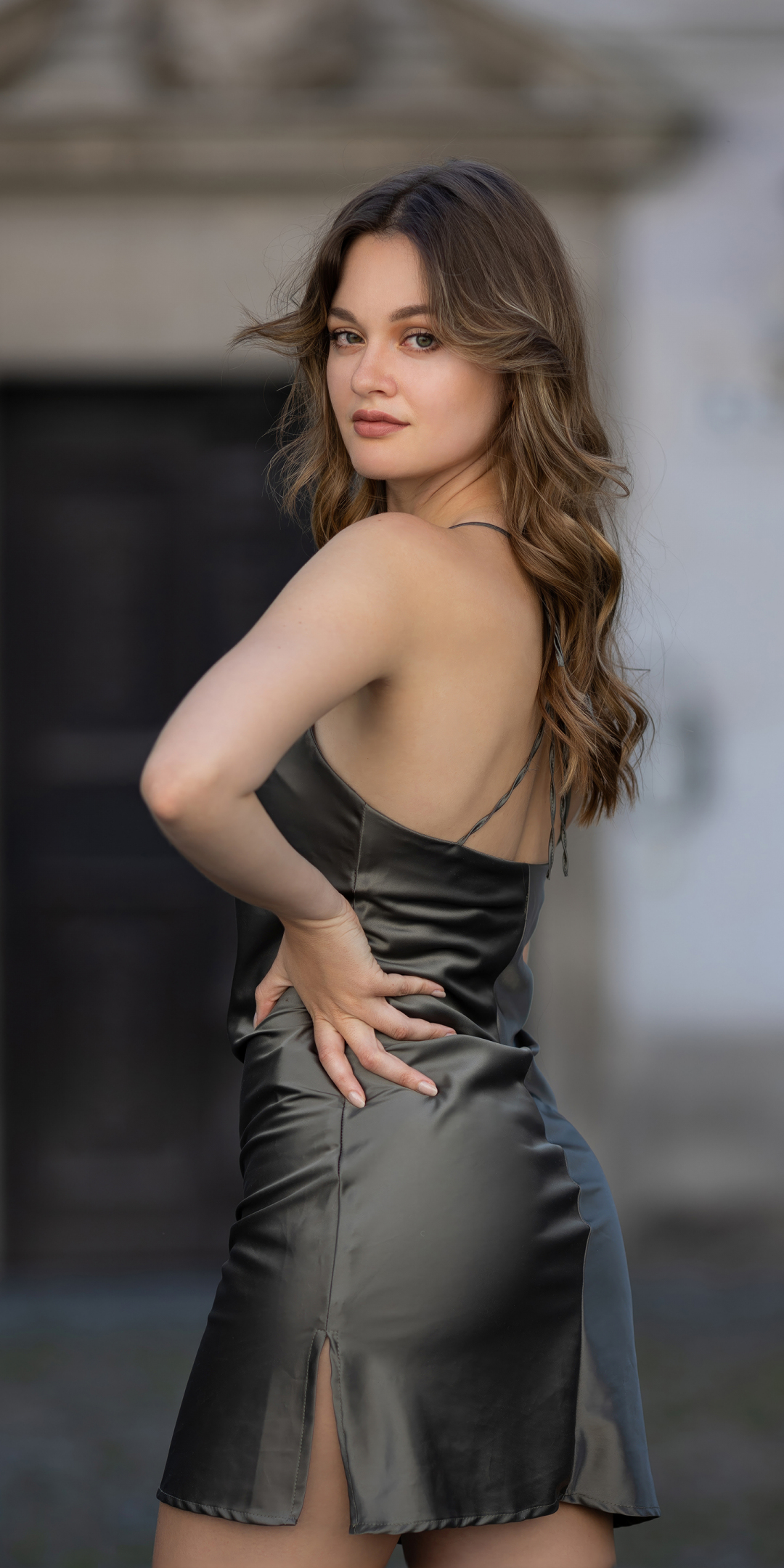 Stefanie, Shining black dress, girl model, 1080x2160 wallpaper
