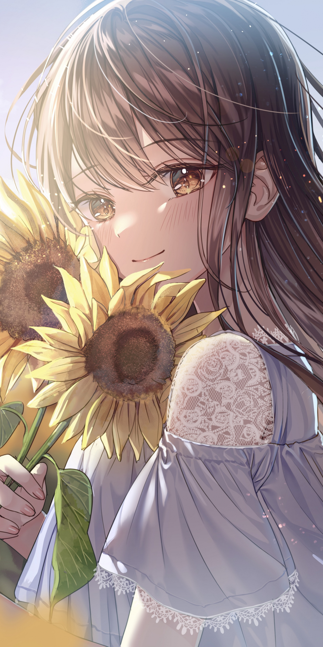 Sunflower and cute girl, anime, 1080x2160 wallpaper