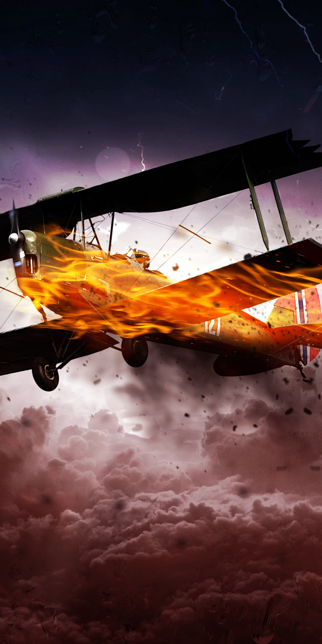 Storm, airplane on fire, digital art, 1080x2160 wallpaper
