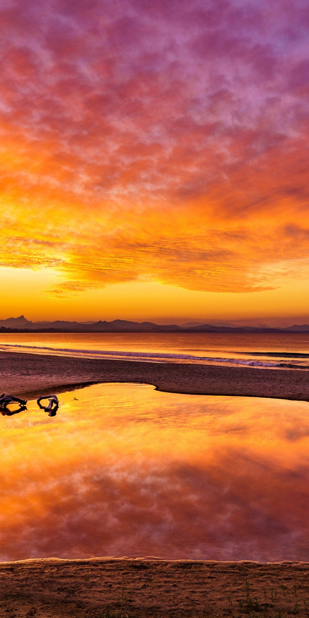 Sunset, beach orange pink skyline, clouds, nature, 1080x2160 wallpaper