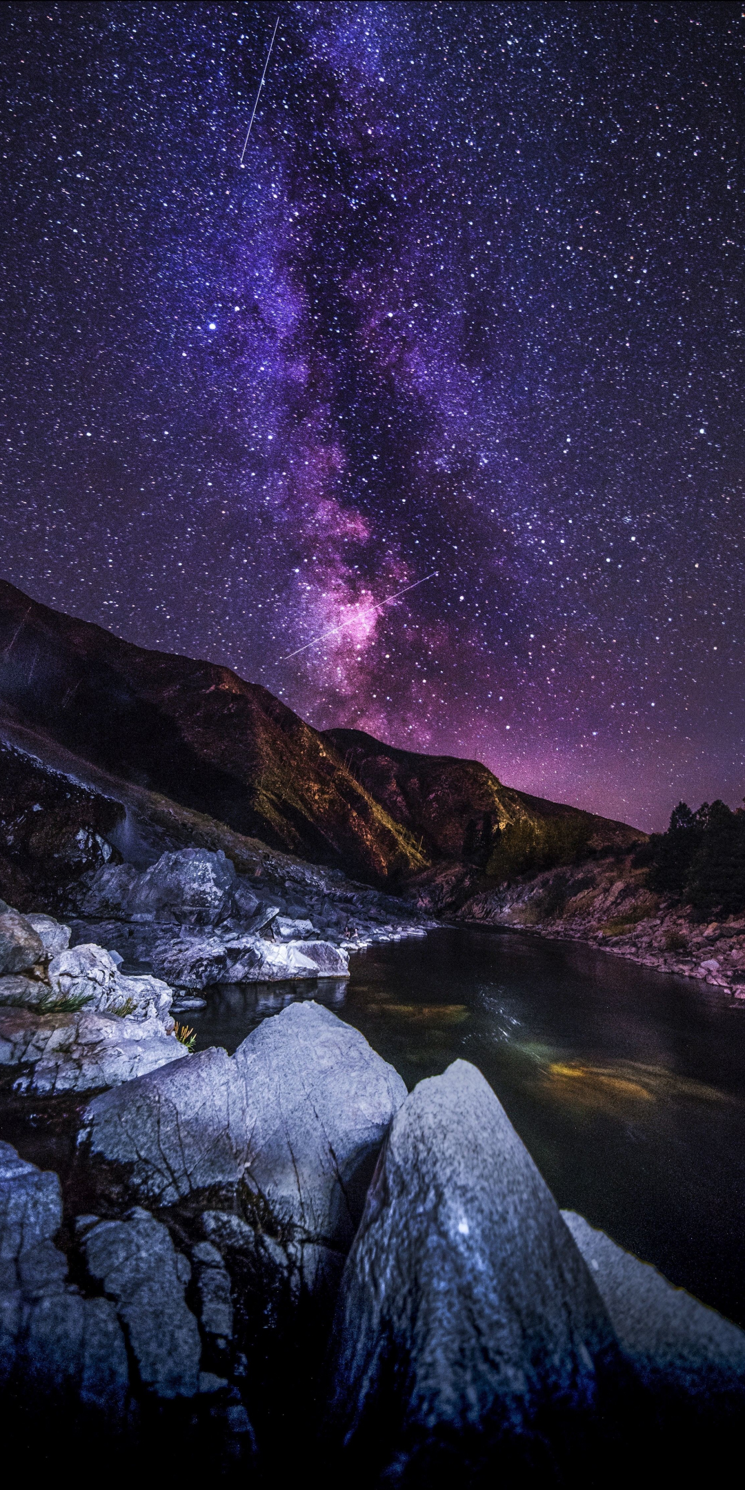 Starry sky, mountains, river, night, 1080x2160 wallpaper