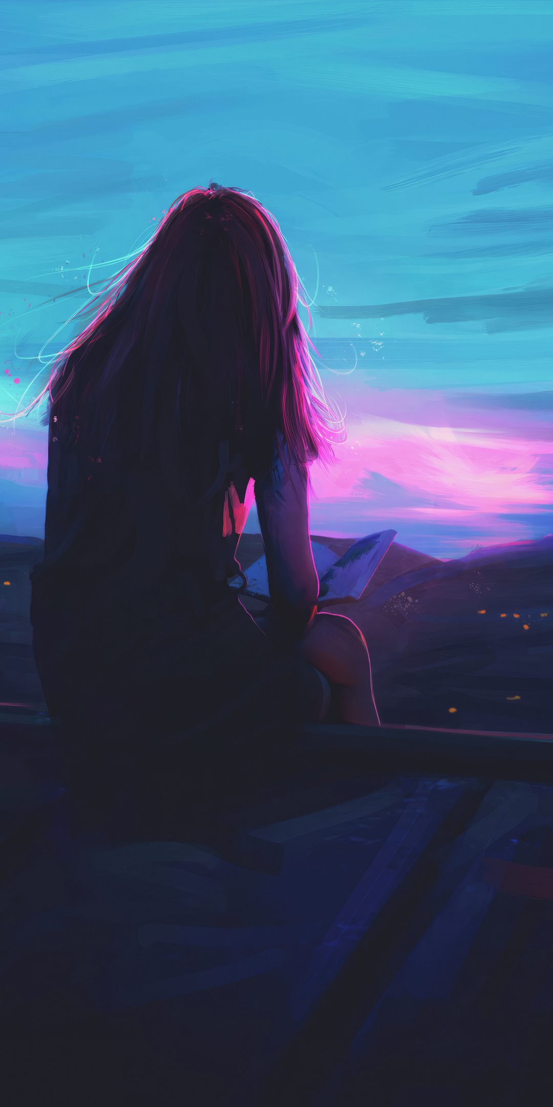 Great place for reading, girl sitting on the fence, sunset, art, 1080x2160 wallpaper