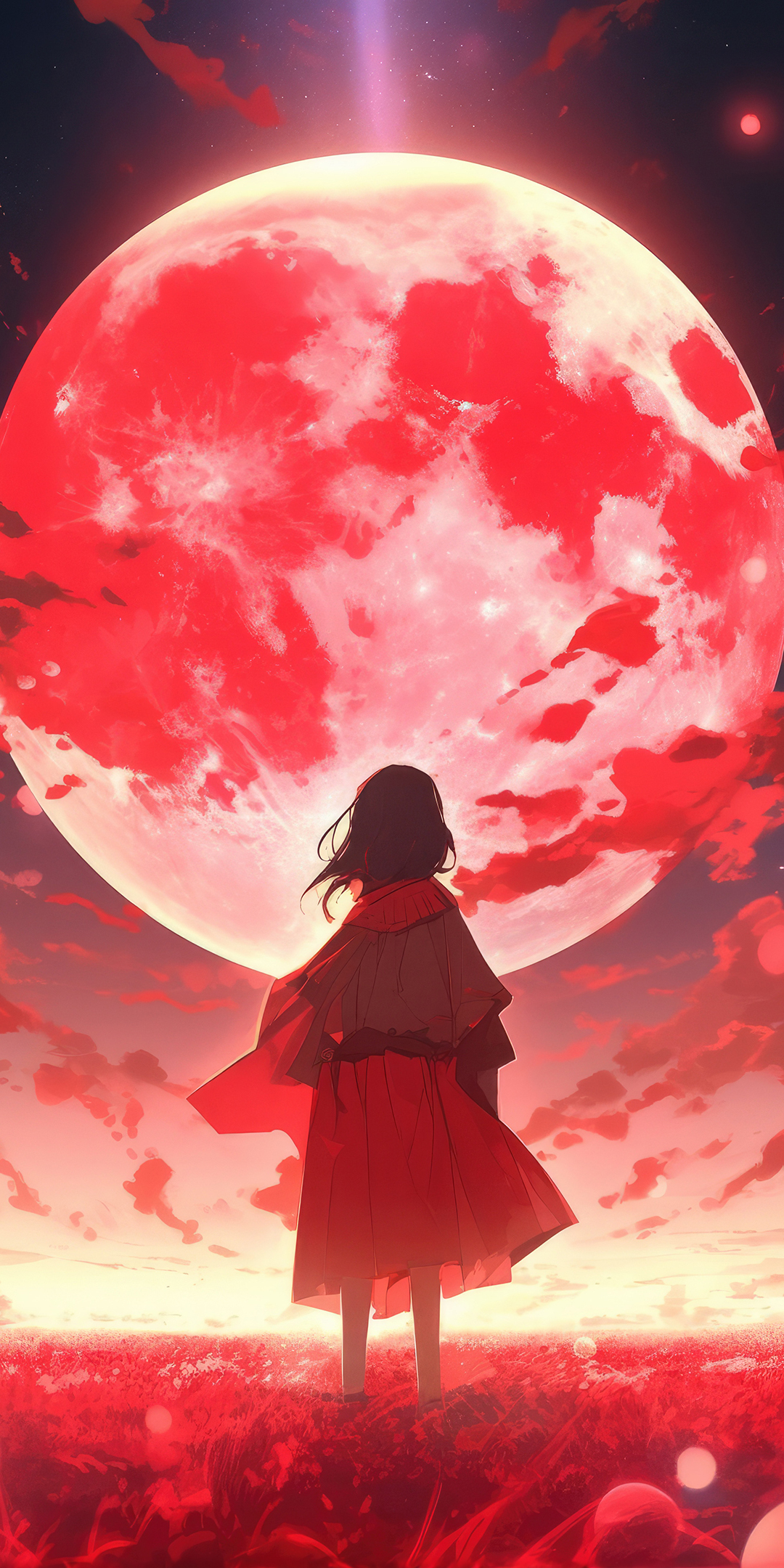 A world full of red, moon, anime, 1080x2160 wallpaper