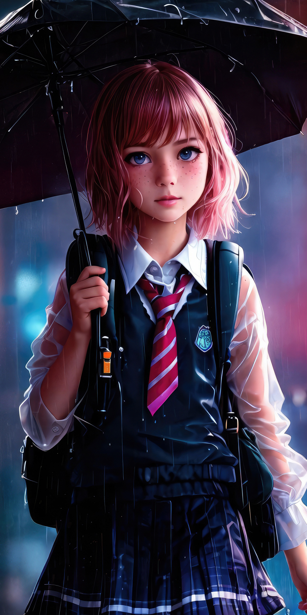 School girl with umbrella, rain, cute and beautiful, 1080x2160 wallpaper