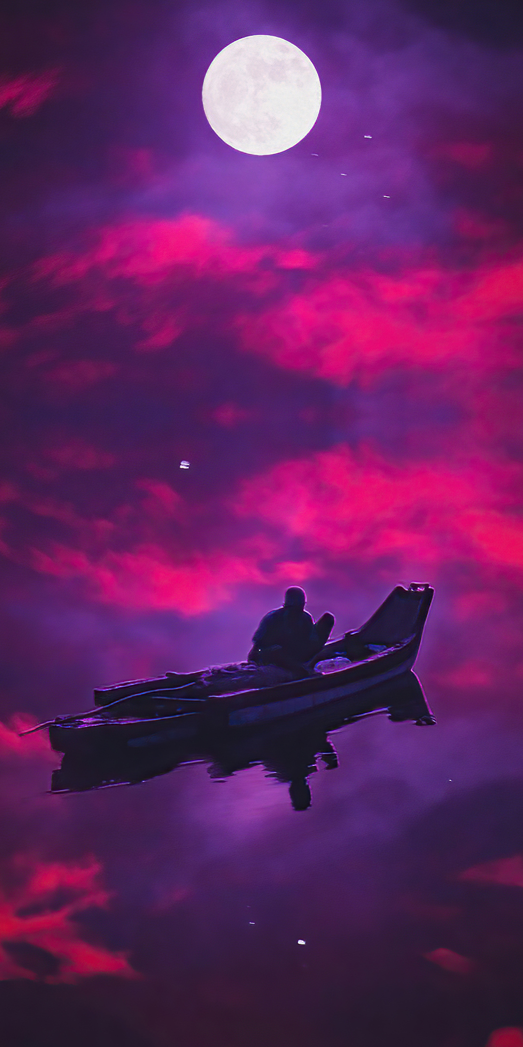 Dark evening, boating, bright moon, red sky, art, 1080x2160 wallpaper