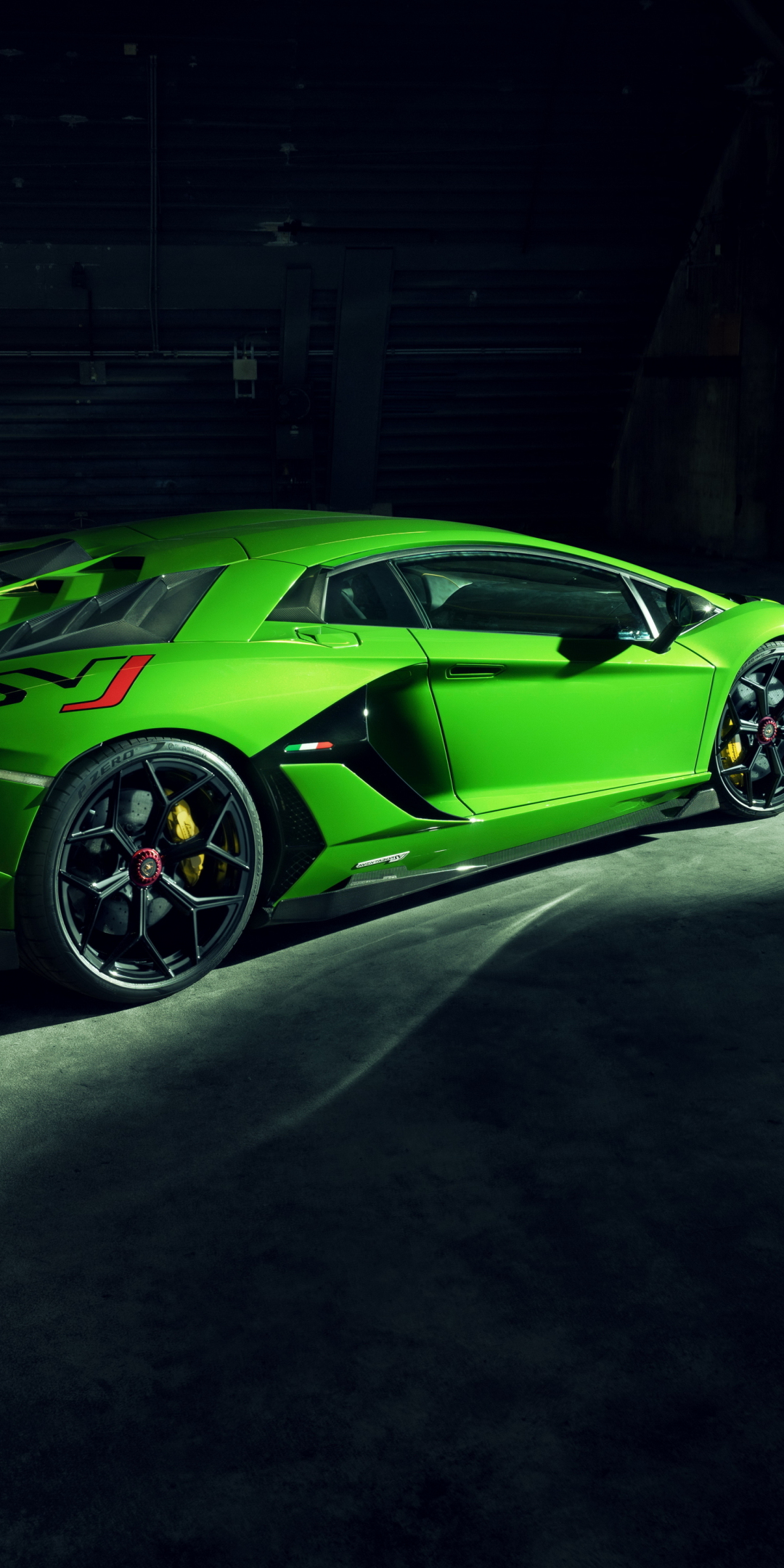 Side-view, Green Lamborghini Aventador SVJ, 1080x2160 wallpaper