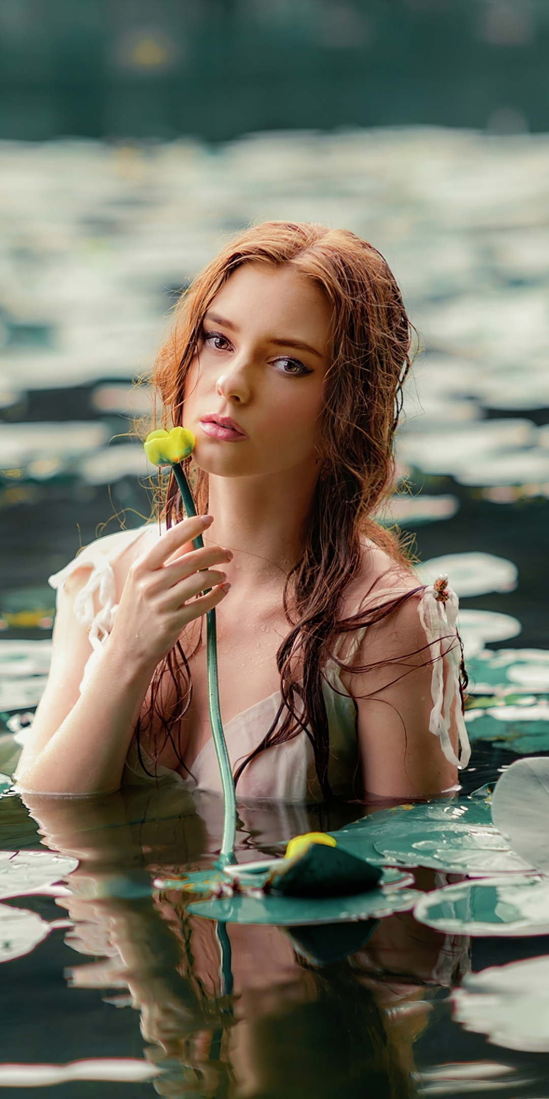Girl with flowers, outdoor, lake, 1080x2160 wallpaper
