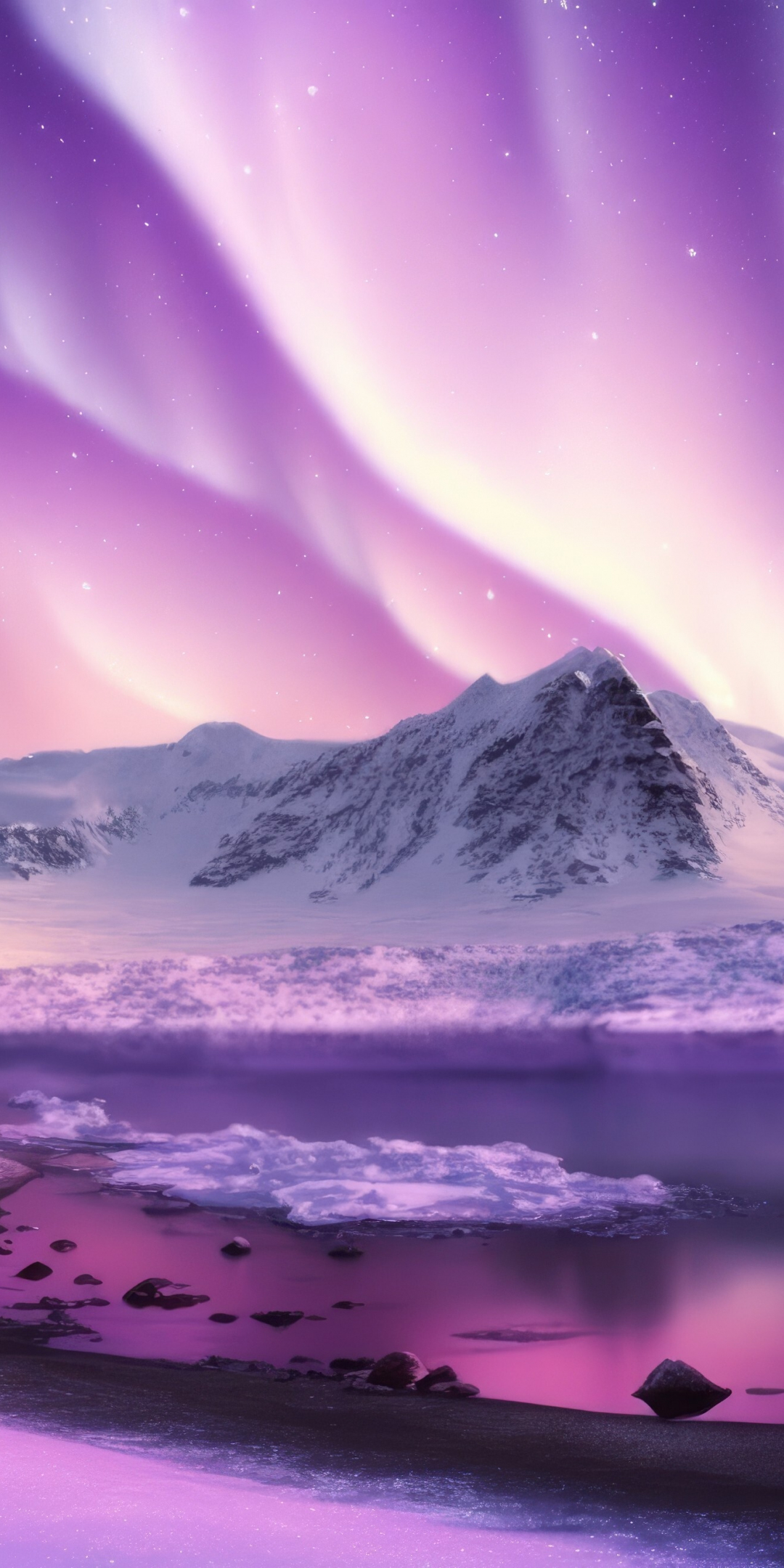 Pink-purple sky, glacier, lake, northern lights, art, 1080x2160 wallpaper