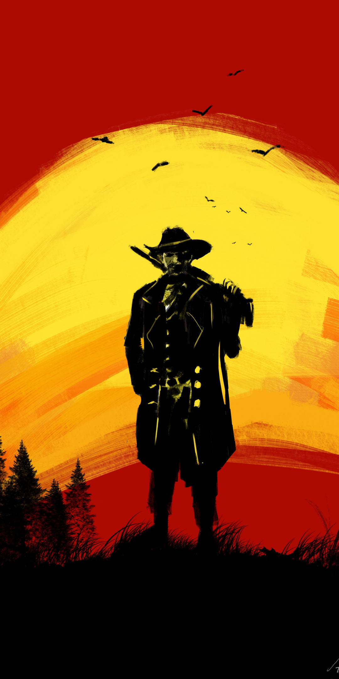 Red Dead Redemption 2, cowboy, silhouette, fan art, 1080x2160 wallpaper