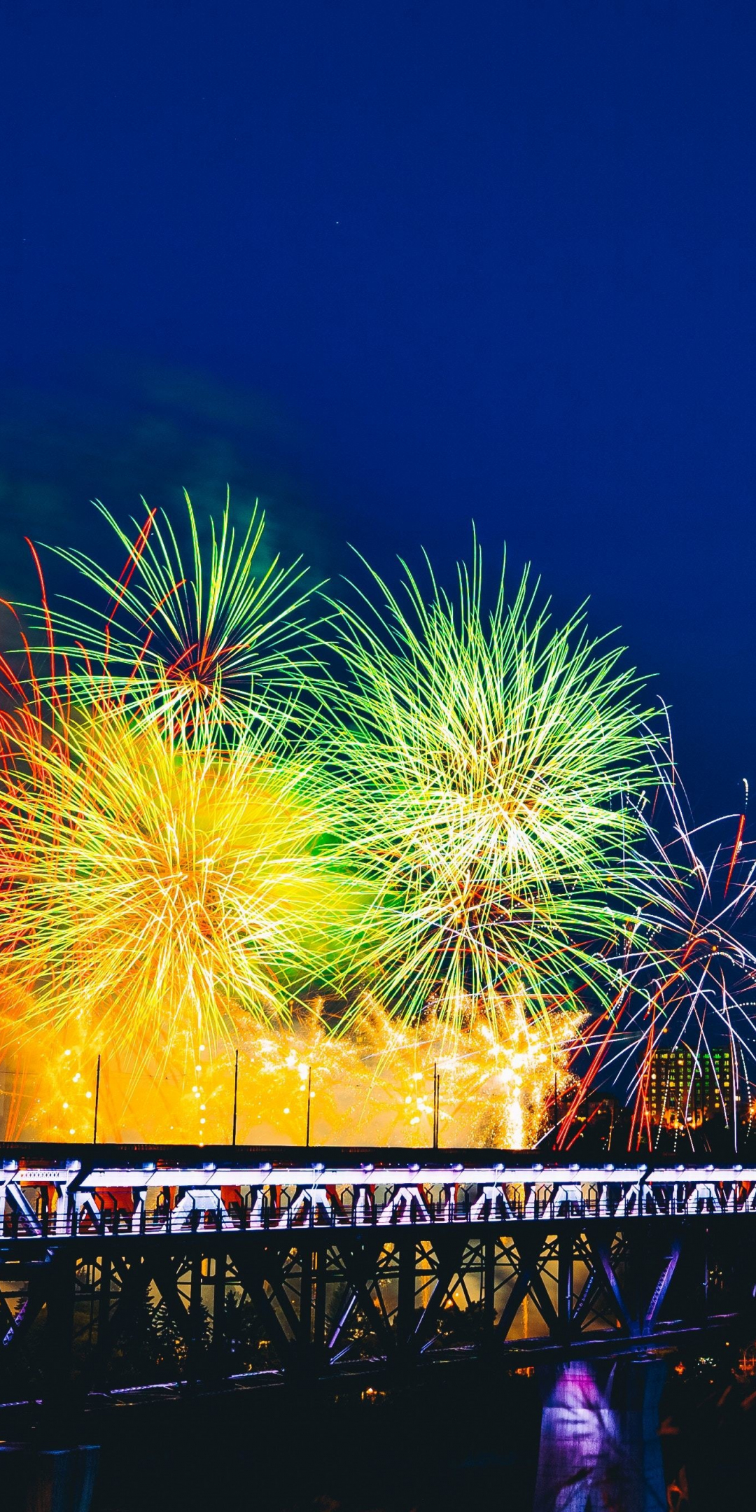 Fireworks, bridge, holiday, colorful, 1080x2160 wallpaper