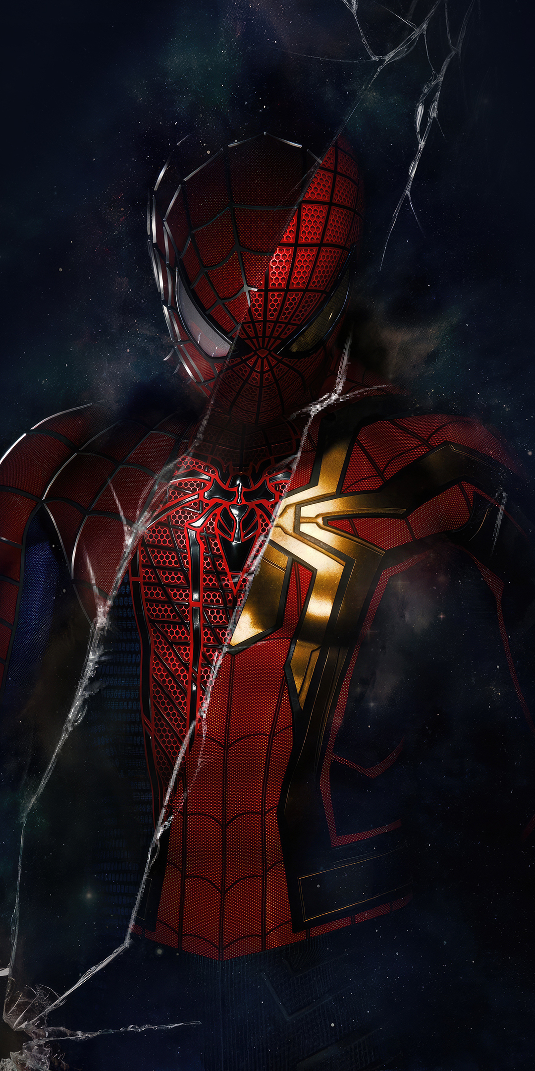 Spider-man stealthy pursuit, cracked screen, art, 1080x2160 wallpaper