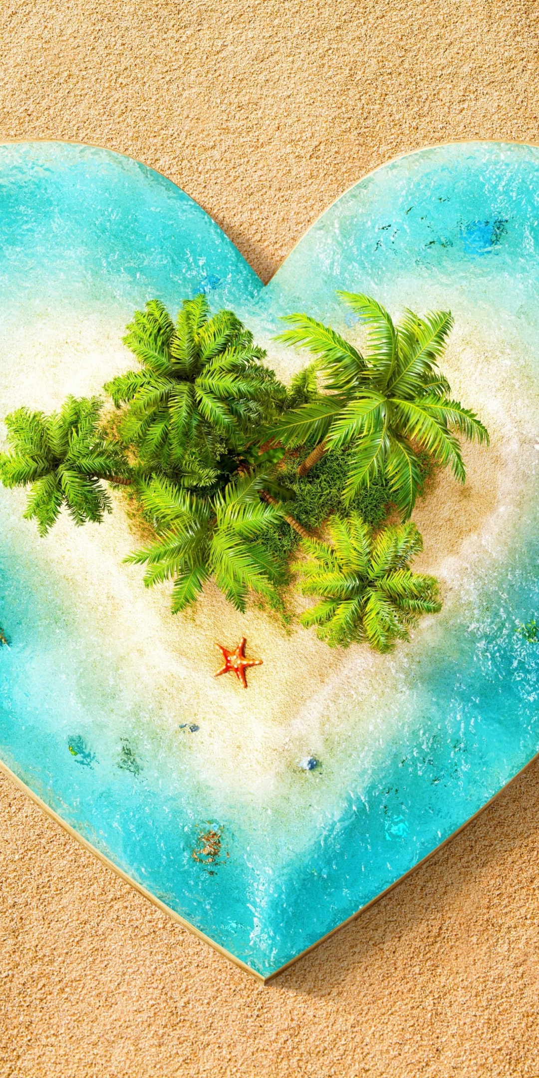 Palm tree, heart, beach, digital art, 1080x2160 wallpaper