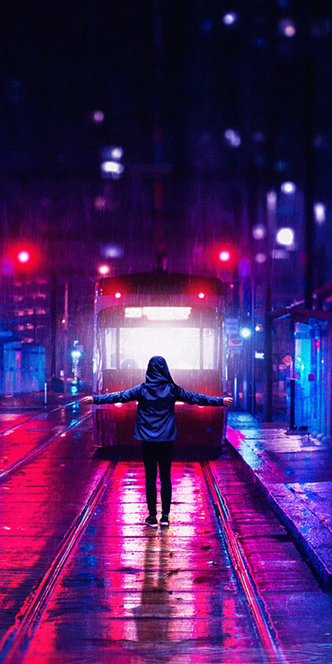 Vaporwave, woman at railroad, night, city, lights art, 1080x2160 wallpaper